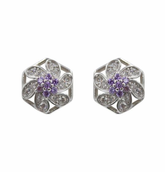 Rhodium plated sterling Silver flower design stud earrings with Clear and Amethyst cubic zirconia stones.
