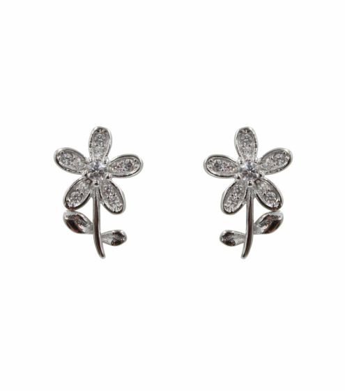 Rhodium plated sterling Silver flower design stud earrings with Clear cubic zirconia stones.
