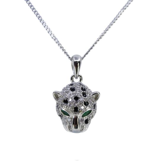 Rhodium plated sterling Silver leopard design pendant with Clear and Emerald cubic zirconia stones and Black enamelling.
