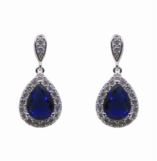 Silver Clear & Sapphire CZ Drop Earrings