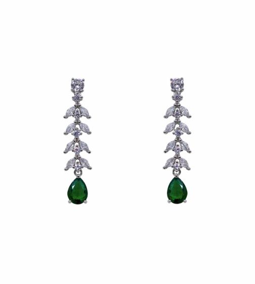 Rhodium plated sterling Silver drop earrings with Clear and Emerald cubic zirconia stones.
