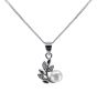 Rhodium plated sterling Silver pendant with Clear cubic zirconia stones and a freshwater pearl.
