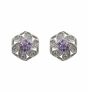 Rhodium plated sterling Silver flower design stud earrings with Clear and Amethyst cubic zirconia stones.
