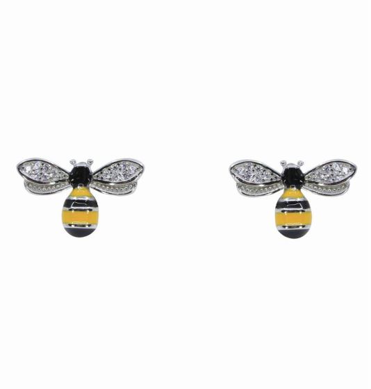 Silver Clear CZ & Enamel Bee Stud Earrings