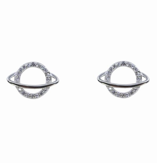 Silver Clear CZ Saturn Stud Earrings