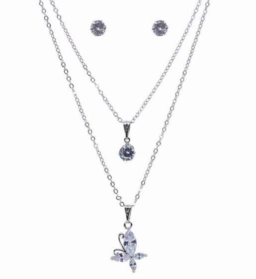 CZ Butterfly Necklace & Pierced Stud Earring Set (£1.65 Each)