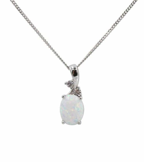 Rhodium plated sterling Silver pendant with synthetic White opal and Clear cubic zirconia stones.
