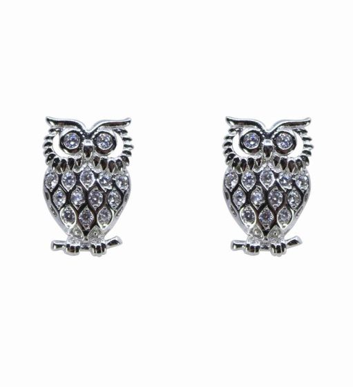 Silver Clear CZ Owl Stud Earrings