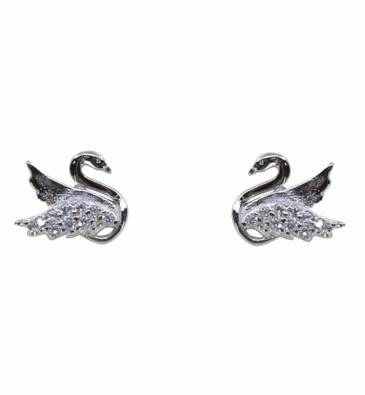 Silver Clear CZ Swan Stud Earrings