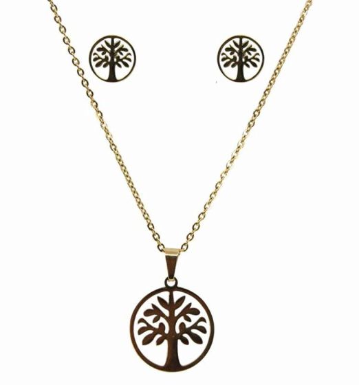 Stainless Steel Tree of Life Pendant & Pierced Stud Earring Set 