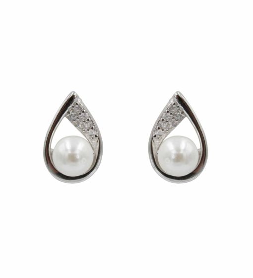 Rhodium plated sterling Silver stud earring with Clear cubic zirconia stones and freshwater pearls.
