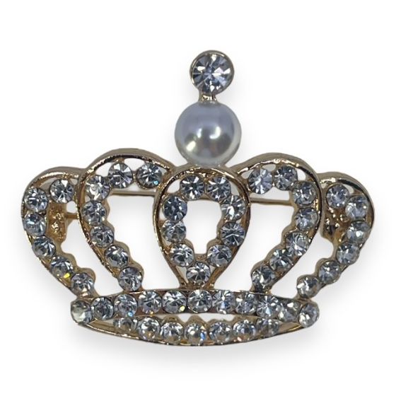 Gold or Rhodium colour plated crown design brooch with genuine Clear crystal stones and a imitation White pearl.
