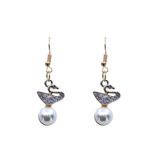 Gold Colour Plated Dangly Diamante And Pearl Swan Earring (£0.50 Per Pair )