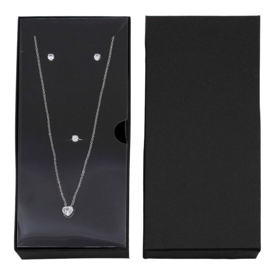 Black, card necklace box with black flock coated inner foam. Comes with a Clear acetate protective inner cover. Ideal for large pendant/necklace, earring, or individual items.
Outer edge of box measuring approx. 9cm x 19.7cm x 2.5cm.
Usable inside space