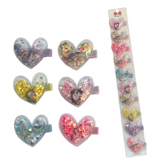 Girls Glitter Filled Heart With Unicorn Motif On Fabric Covered Concord Clip -(£0.30 Each )