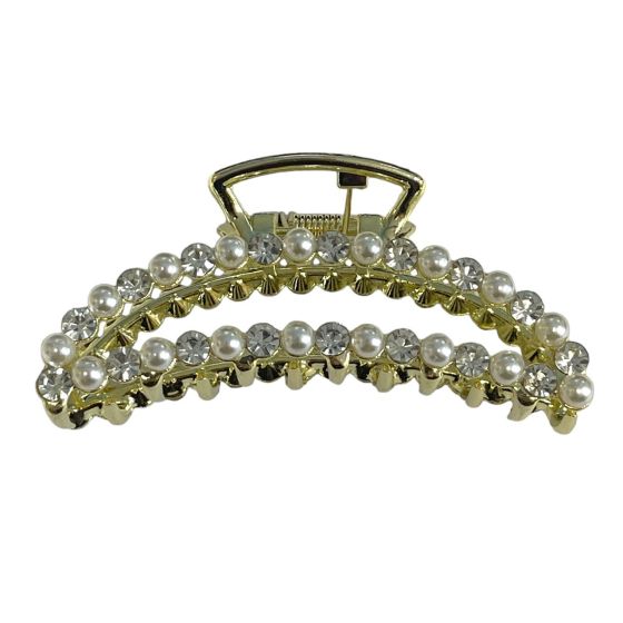 Ladies Metal Gold Colour Plated Imitation Pearl And Diamante Clamp -(