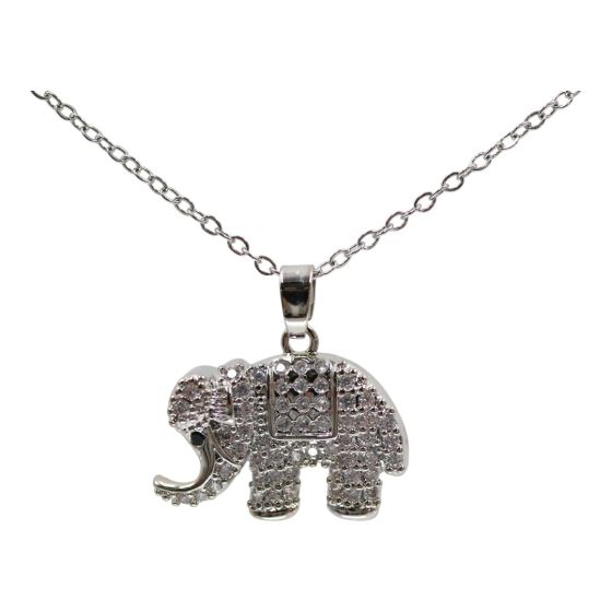 High quality, elephant design pendant with genuine Clear and Jet crystal stones.
Rhodium colour plated, coated on top of Copper base metal.
