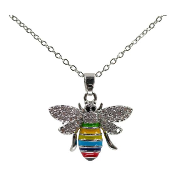 High quality, bee design pendant with genuine Clear and Jet crystal stones and coloured enamelling.
Rhodium or Gold colour plated, coated on top of Copper base metal.
