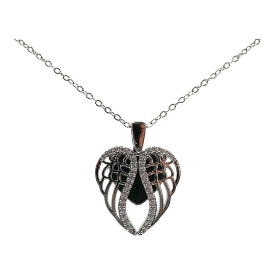 High quality, angel wing and heart design pendant with genuine Clear crystal stones.
Rhodium or Gold colour plated, coated on top of Copper base metal.
