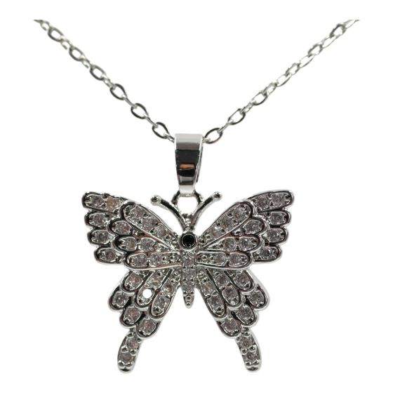 High quality, butterfly design pendant with genuine Clear and Jet crystal stones.
Rhodium colour plated, coated on top of Copper base metal.
