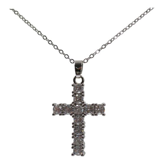 High quality, Cross pendant with genuine Clear crystal stones.
Rhodium colour plated, coated on top of Copper base metal.
