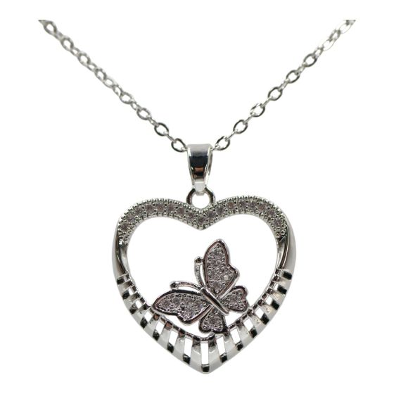 High quality, heart and butterfly design pendant with genuine Clear crystal stones.
Rhodium colour plated, coated on top of Copper base metal.
