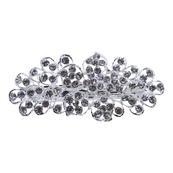 Rhodium colour plated floral design French clip with genuine clear crystal stones.
