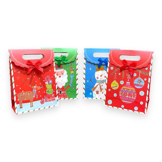 Medium size Assorted  design  Christmas gift bags with a velcro fastner and a decorative ribbon bow.

Available as a pack of 12 assorted.

Designs may vary slightly from those shown.

Size approx 27 x 19 x 19.2 cm .

Discount available in quantity