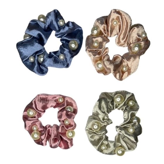 Ladies satin scrunchies with Cream imitation pearl beads.
