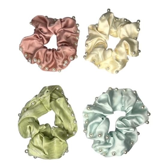 Ladies satin scrunchies with Cream imitation pearl beads.
