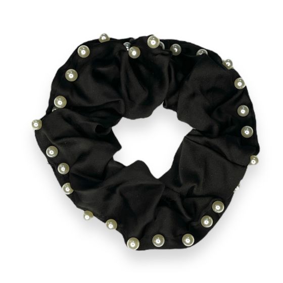 Ladies Black satin scrunchies with Cream imitation pearl beads.
