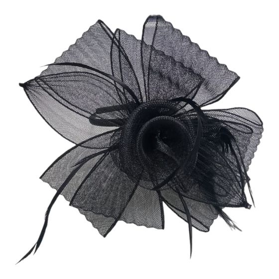 Ladies mesh flower fascinator decorated with feathers.
Comes with a detachable satin covered headband and a Rhodium colour plated concord clip.
