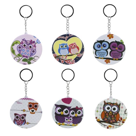 Acrylic, owl design double sided compact mirror keyrings,
