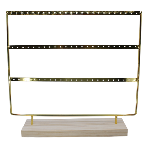 Gold colour plated metal, 3 tier earring display stand with a real wood base.

