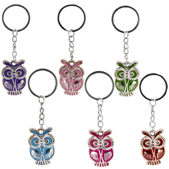 Acrylic owl design keyrings with coloured enamel detail.
