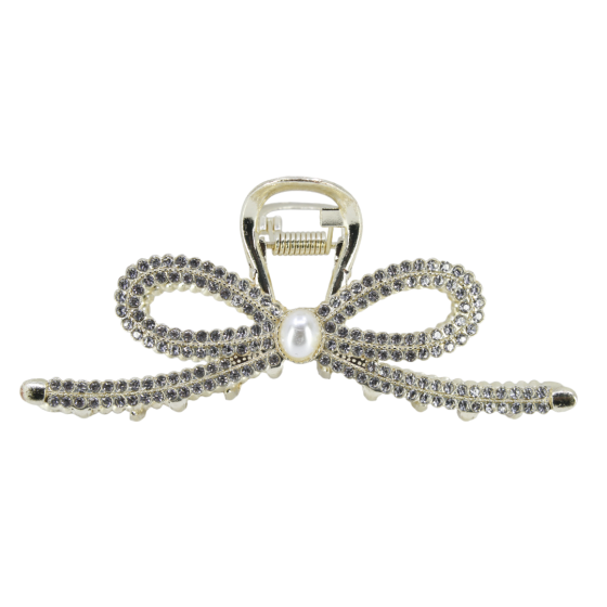 Gold colour plated metal bow design clamp with genuine Clear crystal stones and White imitation pearls.
