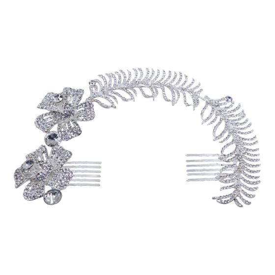 Bendable wire, Rhodium colour plated flower design comb headdress with genuine Clear crystal stones.
