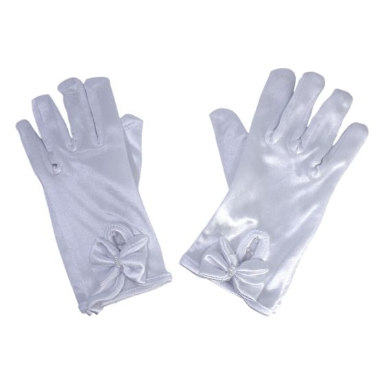 Girls White Satin Gloves With Bow And Pearls