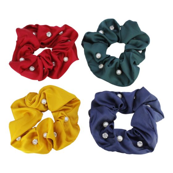 Ladies satin scrunchies decorated with genuine Clear crystal stones and imitaion pearls.
In assorted colours of Navy, Burgundy, Bottle Green and Mustard.
