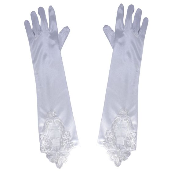 Ladies White Satin Elbow Length Gloves With Lace