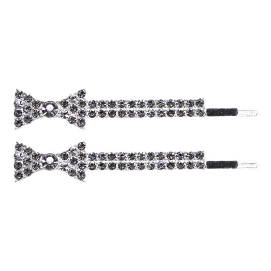 Rhodium colour plated bow design hair slides with genuine Clear crystal stones.

