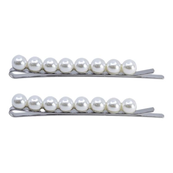 Rhodium colour plated hair slides with imitation pearls.
