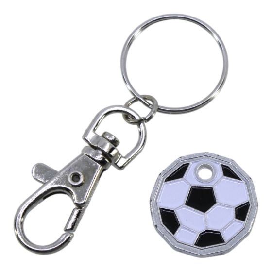 Rhodium colour plated football design trolley coin keyrings with Black and White enamelling.
