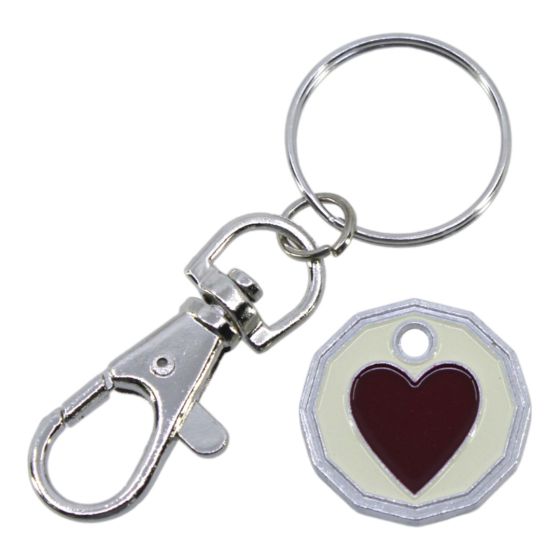 Rhodium colour plated love heart design trolley coin keyrings with Burgundy and Cream enamelling.
