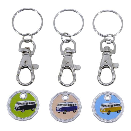 Rhodium colour plated campervan design trolley coin keyrings.
