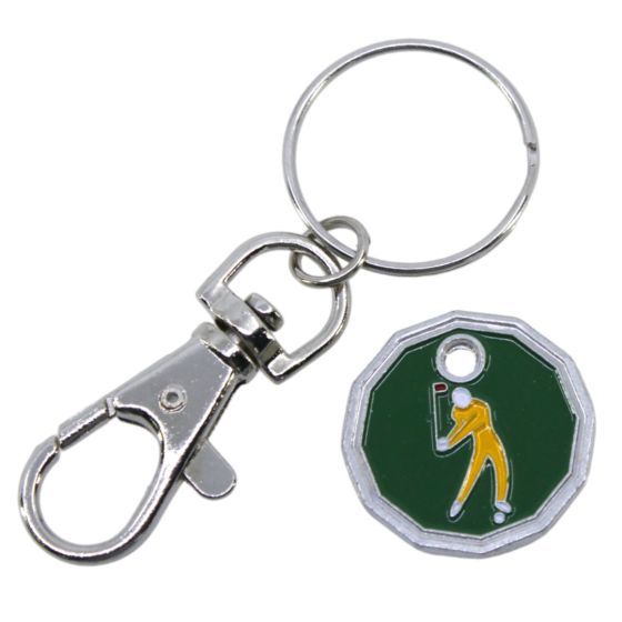 Rhodium colour plated golf design trolley coin keyrings with Green, Yellow and White enamelling.
