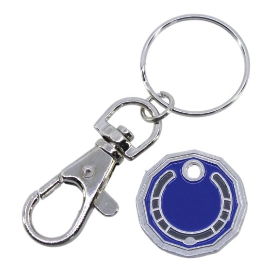 Rhodium colour plated lucky horse shoe design trolley coin keyrings with Blue and Grey enamelling.
