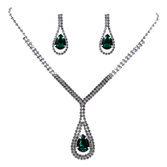 Rhodium colour plated choker and pierced drop earring set with genuine crystal stones and a acrylic centre stone.
