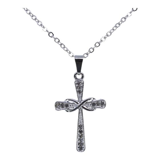 Rhodium colour plated infinity cross design pendant with genuine Clear crystal stones.

