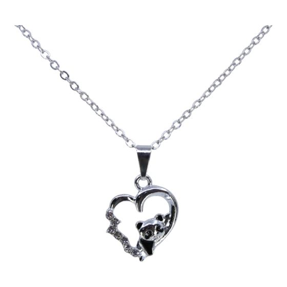 Rhodium colour plated heart and panda design pendant with genuine Clear crystal stones and Black enamelling.
